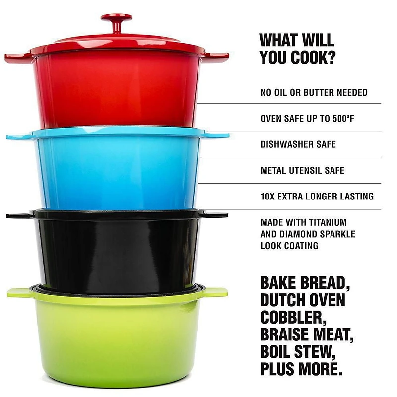 Granitestone Diamond 5 Quart Dutch Oven Pot with Lid, Ultra Nonstick & Durable Mineral & Diamond Surface, Self-Basting Lid, Metal Utensil Safe, Oven & Dishwasher Safe, 100% PFOA Free, Red