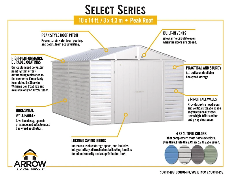 Arrow Select Steel Storage Shed, 10x14, Gris bleu
