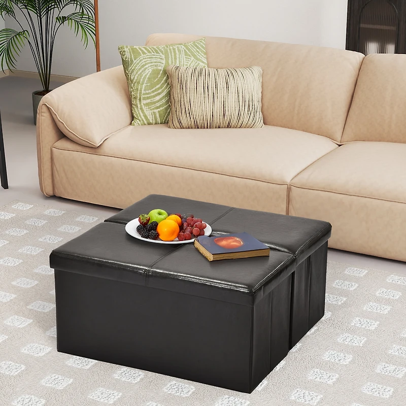 Homy Casa 2 Pack Folding Ottoman Chair with Storage, Black Faux Leather, Multipurpose Use