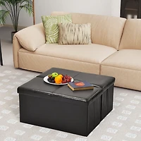 Homy Casa 2 Pack Folding Ottoman Chair with Storage, Black Faux Leather, Multipurpose Use