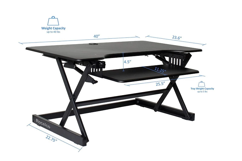 Rocelco 40 "Bureau debout mobile de grande taille réglable en hauteur BUNDLE - Montant pour moniteur double assis-debout roulant - Station de travail assistée par ressort à gaz - Plateau pour clavier