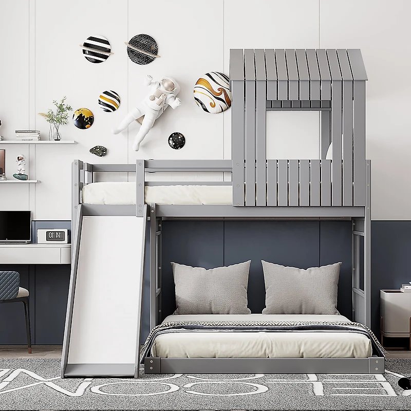 Homy Casa Lit superposé simple sur double, lit maison en bois 89 po avec glissade, garde-corps et lattes, gris