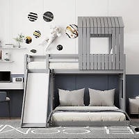 Homy Casa Lit superposé simple sur double, lit maison en bois 89 po avec glissade, garde-corps et lattes, gris