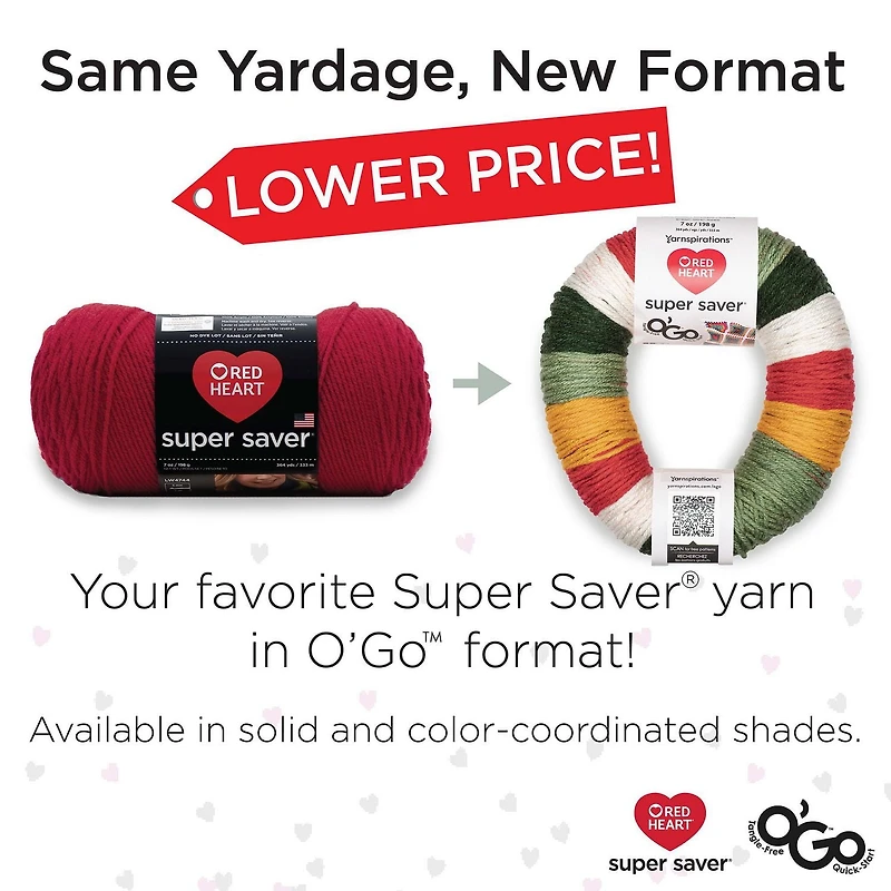Red Heart® Super Saver® O'Go™ Yarn, Acrylic #4 Medium, 5oz/141g, 236 Yards, New innovative O’Go™ format