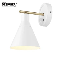 Applique murale enfichable ou fixe à une tête à intensité réglable Tristan, blanc mat, accent laiton, gradateur rotatif sans incréments sur le socle, cordon en tissu blanc
