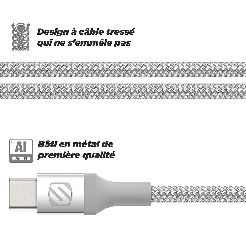 Scosche Strikeline Câble de charge et de synchronisation Lightning USB-C tressé de qualité supérieure 8 pieds Recharge haut débit