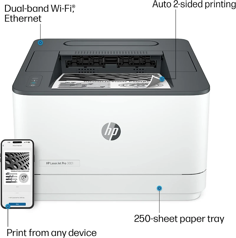 Imprimante monochrome sans fil HP LaserJet Pro 3001dw