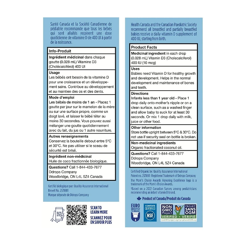 Supplément vitaminique de vitamine liquide D3 de Ddropsᴹᴰ pour bébé, 400 UI 2,5 ml, 90 gouttes