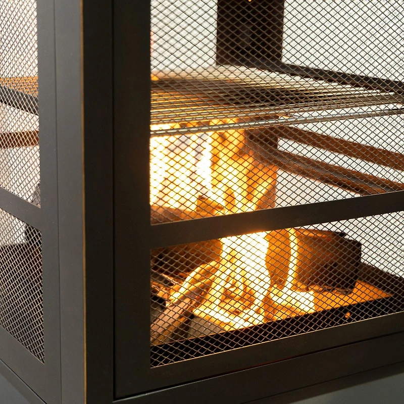 Deko Living 26" Square Outdoor Steel Wood Burning Fireplace with Cast Iron Cooking Grill, Log Storage and Poker