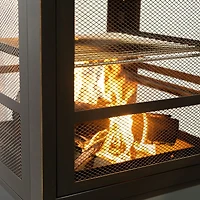 Deko Living 26" Square Outdoor Steel Wood Burning Fireplace with Cast Iron Cooking Grill, Log Storage and Poker