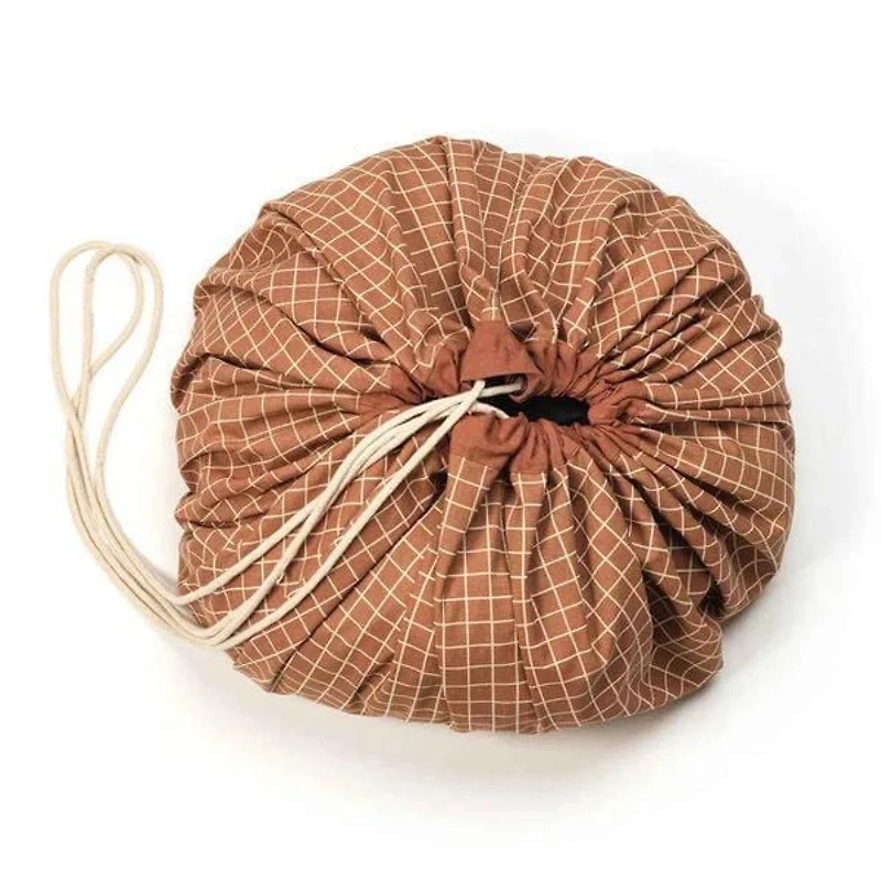 Play & Go - Timeless Brown Grid Pattern - 3-in-1 Play Mat - Storage Bag & Diaper Bag - Made from Organic Cotton - 140 cm Diameter - Suitable for Newborn to Toddler - Easy to Carry Everywhere