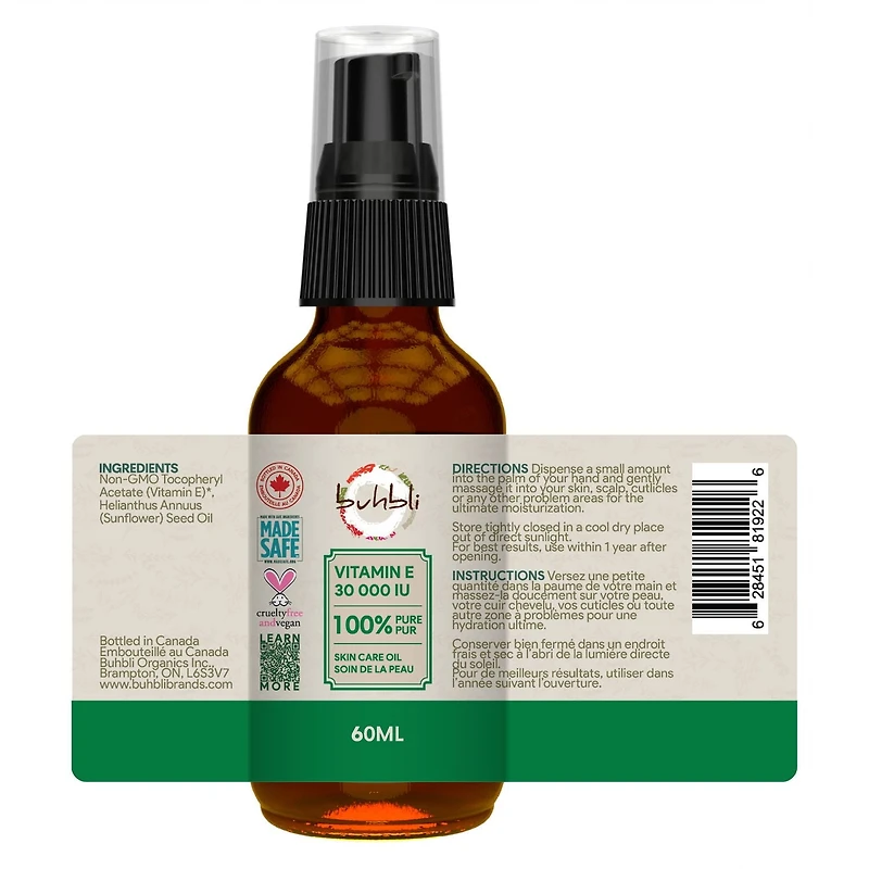 Huile de Vitamine E - 30000 UI 60ml Biologique et 100% pur