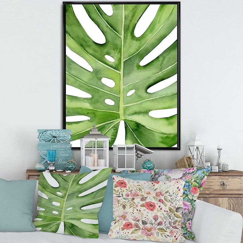 Designart Green Monstera Leaf Tropical Palm Botanical Detail FLOAT FRAME WALL ART