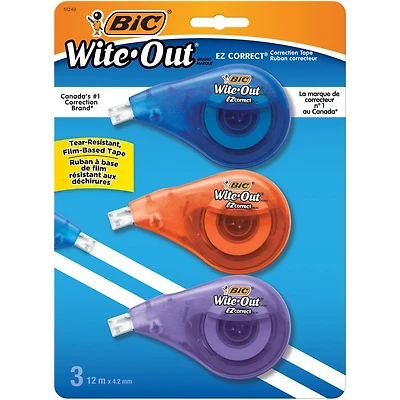 Ruban correcteur BIC Wite-Out EZ Correct, 12 mètres, paquet de 3 rubans correcteurs blancs, ruban résistant à la déchirure, rapide, propre et facile à utiliser, fournitures scolaires ou de bureau Paquet de 3