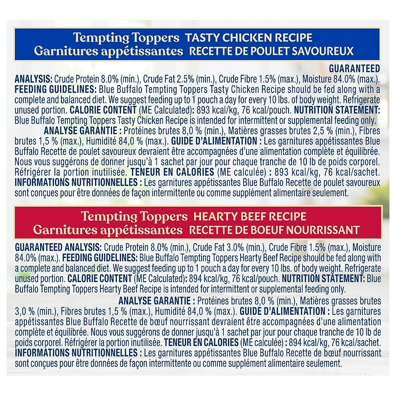 Blue Buffalo Tempting Toppers Assortiment de Nourriture Humide Naturelle pour Chiens, Poulet et Bœuf BLUE Tempting Toppers Bf/Plet, 12ct Variety Pack