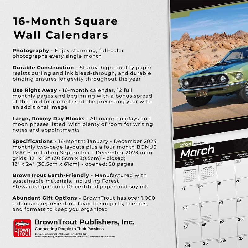 BrownTrout Mustang OFFICIAL 2024 12x24 Inch Square Wall Calendar, 9781975466695