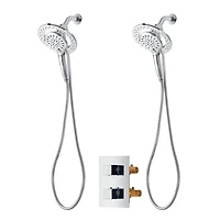 The akuaplus® square thermostatic valve with 4-way diverter, 2 magnetic handshowers or simultaneously.  Hand shower 3 settings with Push-Buttom and a swiveling shower head.  Chrome finish