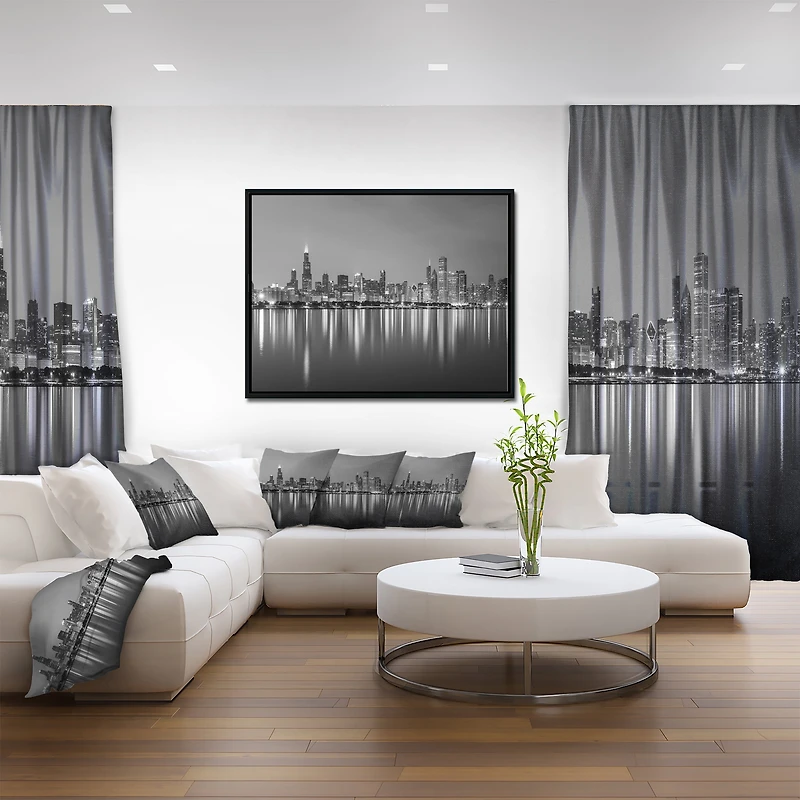 Design Art La Ligne D'Horizon De Chicago La Nuit En Noir Et Blanc  Sur Toile Encadrée