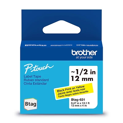 Brother BTAG631 Ruban non laminé jaune avec texte noir authentique pour étiqueteuse P-touch, 12 mm (L) x 4 m