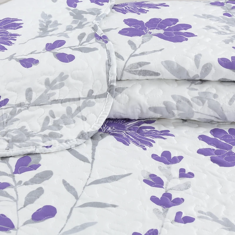 Marina Decoration Rich Printed Stitching Coverlet Bedspread Ultra Soft Summer Bedding Quilt Set with Quilted Sham, Modern Purple Floral Pattern