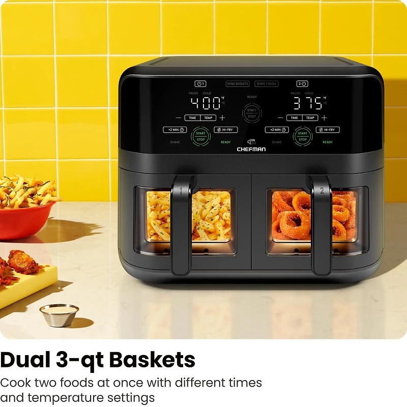 Chefman Dual Basket Digital Air Fryer Oven w/ Easy View Windows, 2 Independent 2.75L (3 Qt) Baskets - Black, New