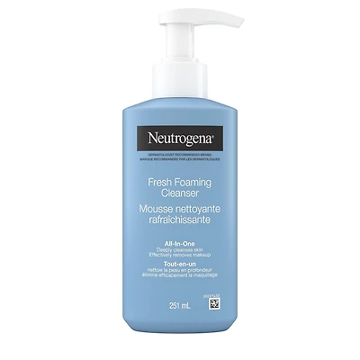 Nettoyant moussant frais pour le visage Neutrogena, Démaquillant tout-en-un pour les peaux normale à grasse, Nettoie en profondeur et élimine le maquillage hydrofuge, Sans savon 251 mL