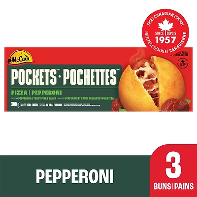 Pizza Pochettesᴹᴰ au pepperoni McCainMD, Fabriqué au Canada à partir d'ingrédients canadiens et importés 3 x 100g