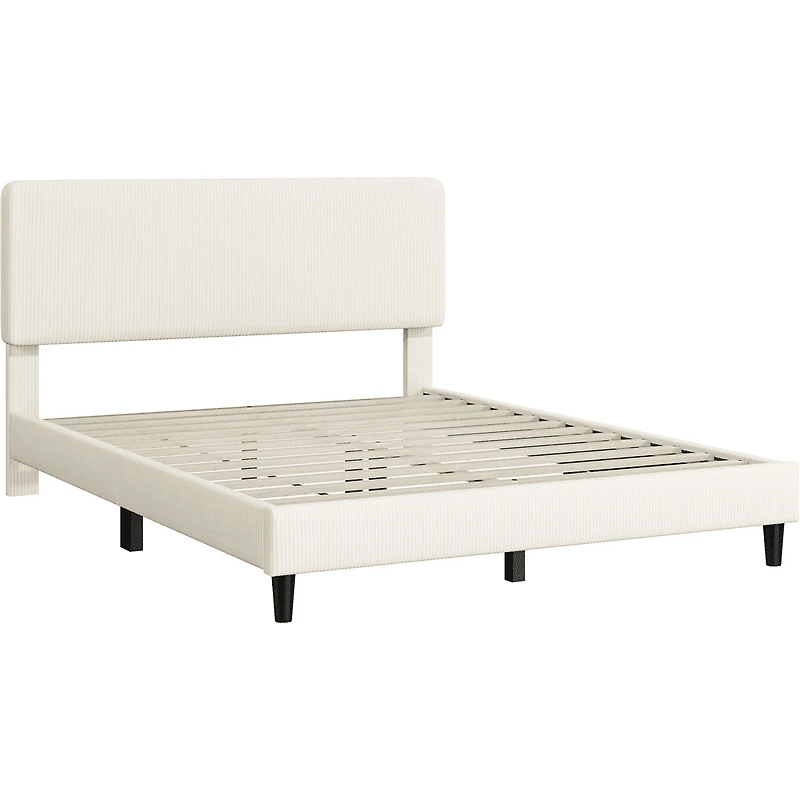 Fullfurnique Cadre de Lit Capitonné avec Tête de Lit Réglable et Lattes en Bois, Queen, Beige