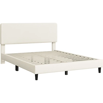 Fullfurnique Cadre de Lit Capitonné avec Tête de Lit Réglable et Lattes en Bois, Queen, Beige
