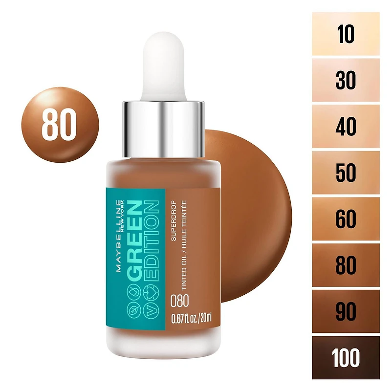 Maybelline New York Green Edition - Face Makeup Superdrop Tinted Oil Makeup, Adjustable Coverage, shade 10, 20 ml