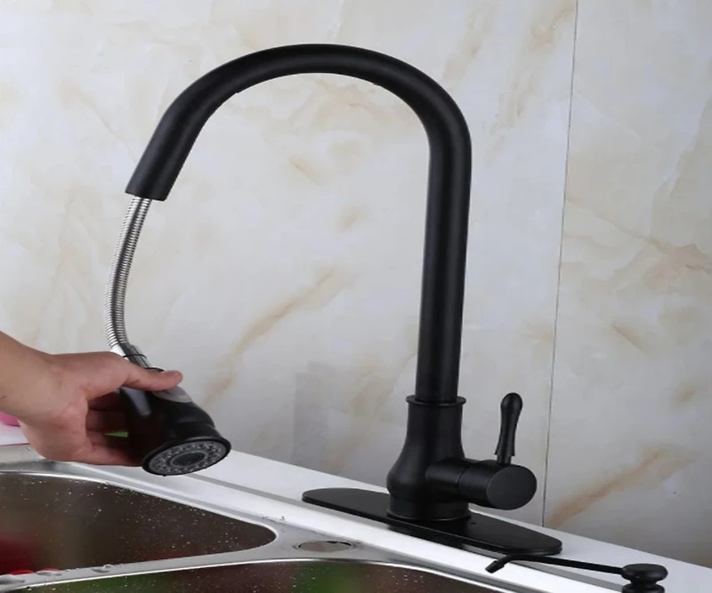 DROP Bath and Kitchen DR091024 Robinet d'évier de cuisine monotrou en laiton avec forme ronde en couleur noire