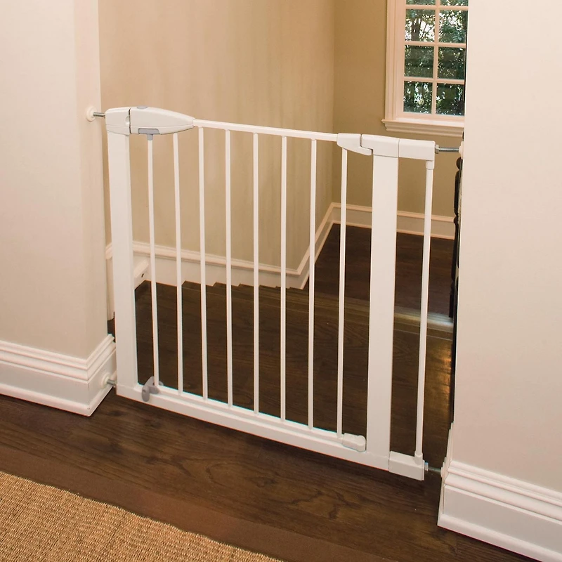 Munchkin Easy Close Pressure Mounted Baby Gate for Stairs, Hallways and Doors, Walk Through with Door, 29" Tall and 29.5" - 35" Wide, Includes (1) 2.75" Extension, Metal, White, Baby Gate