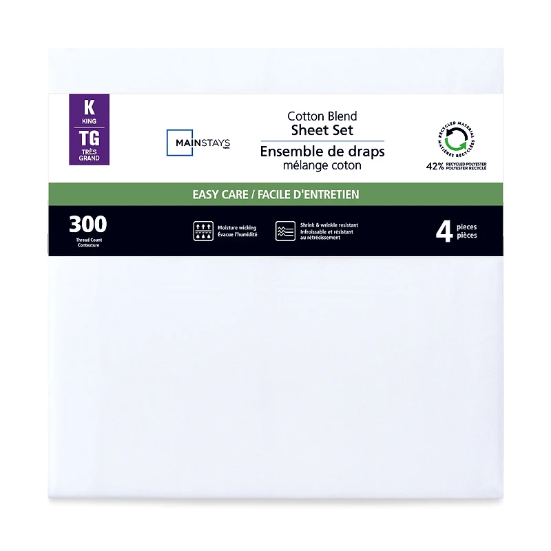 Parure de lit 4 pièces Mainstays en mélange de coton 300 nombre de fils (blanc) et CVC, pour lit double (adulte) Ensemble de draps 2 places