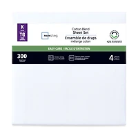 Parure de lit 4 pièces Mainstays en mélange de coton 300 nombre de fils (blanc) et CVC, pour lit double (adulte) Ensemble de draps 2 places