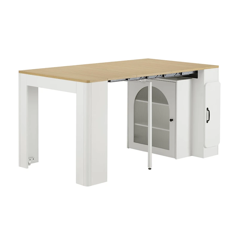 Noble House Horizon Extendable Dining Table,3 Removable Leaves with Mobile Rolling Island & Power Outlet,Creamy White + Natural