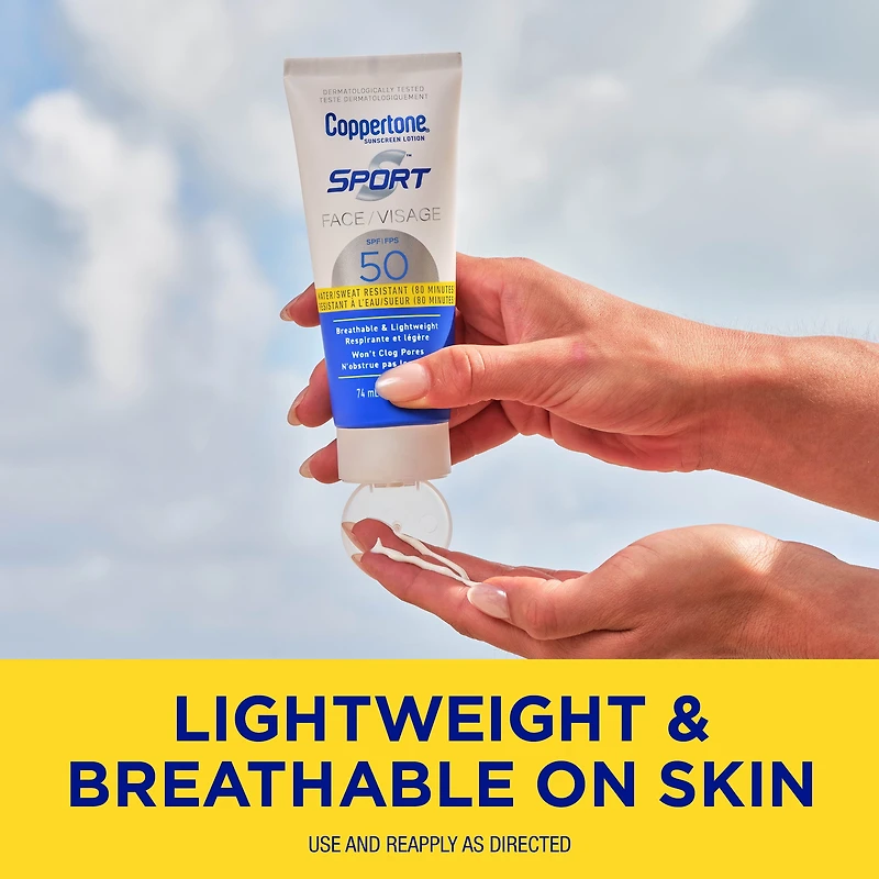 Coppertone Sport écran solaire en lotion pour le visage FPS 50, léger, résistant à l'eau, 74ml 74ml