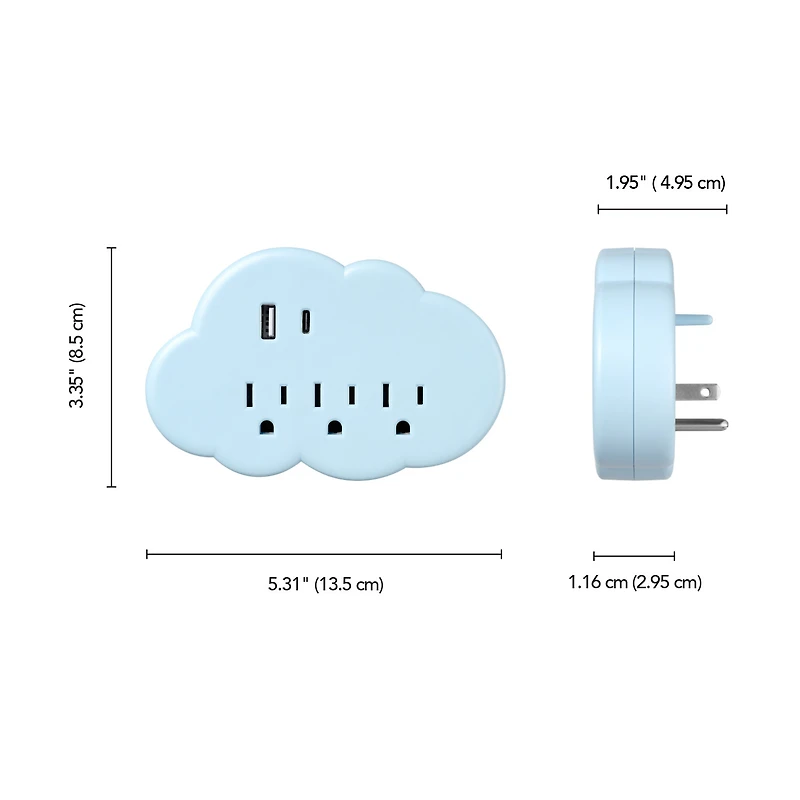 Globe Electric 3-Outlet Blue Cloud Indoor Wall Charger Charging Adapter with 1x USB-A 1x USB-C (15.5 combined)