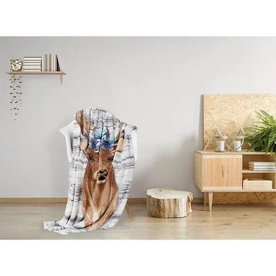 Safdie & Co. Throw Ribbed Flannel Print Floral Deer