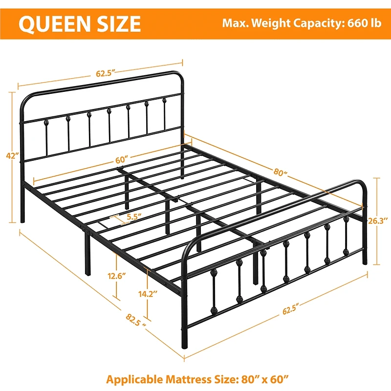 Fullfurnique Metal Platform Bed with High Headboard and Footboard, Queen, Black