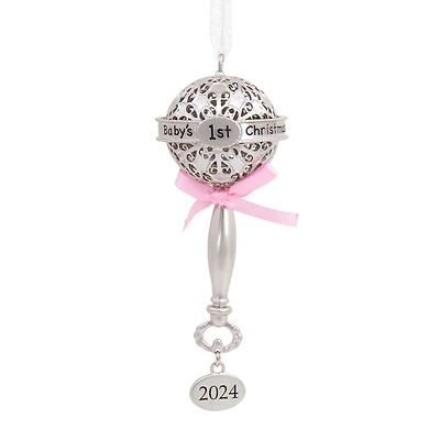 Hallmark Christmas Ornament (Baby's First Christmas Silver Baby Rattle With Pink Ribbon 2024 Premium Metal)