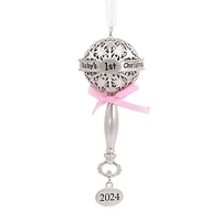 Hallmark Christmas Ornament (Baby's First Christmas Silver Baby Rattle With Pink Ribbon 2024 Premium Metal)