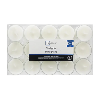 Mainstays 30PK Unscented White Tealights Candles, Pack of 30
