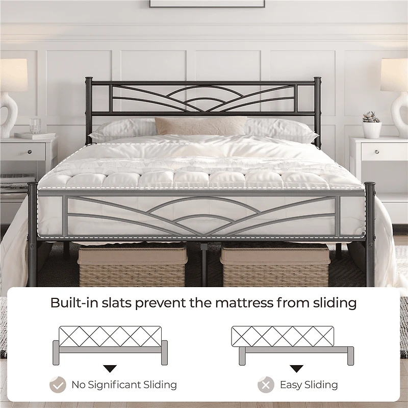 Fullfurnique Metal Platform Bed Frame with Cloud Inspired Design Headboard, Full, Black