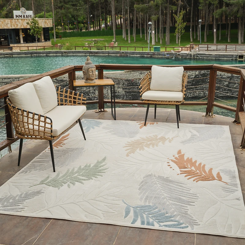 Tapis d'interieur/exterieur abstrait Rug Branch Alfombra, beige creme, motif floral - Salon, chambre, salle a manger et cuisine