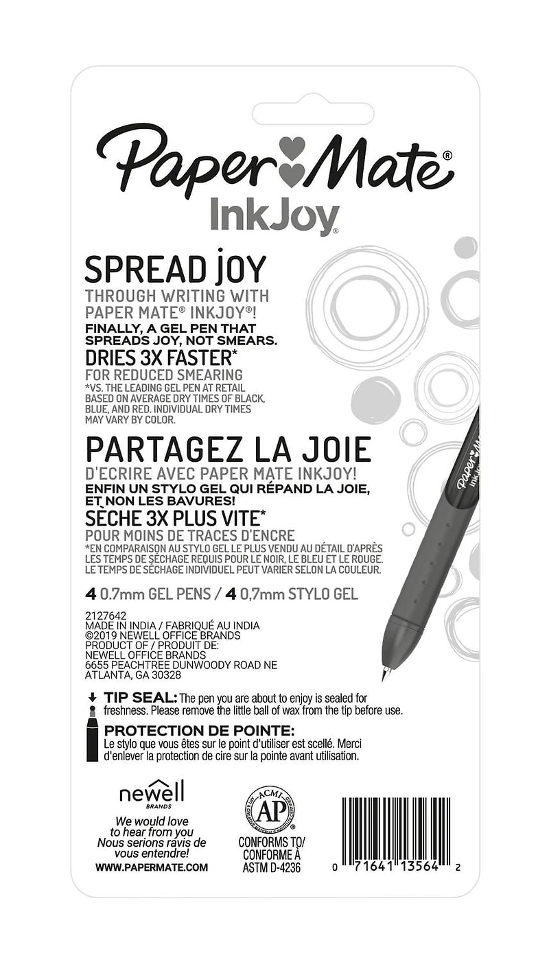 Paper Mate InkJoy Stylo à encre gel pointe moyenne 0,7 mm, Paq. de 4