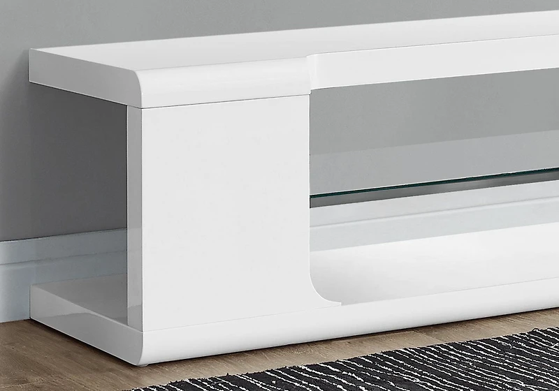 Monarch Specialties Tv Stand, 60 Inch, Console, Media Entertainment Center, Storage Shelves, Living Room, Bedroom, Laminate, Tempered Glass, Glossy White, Clear, Contemporary, Modern