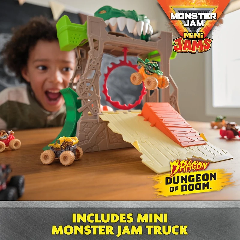 Monster Jam, Dragon Dungeon of Doom Playset, Mini Jams, Exclusive Die-Cast Dragon Monster Truck 1:87 Scale, Kids Toys for Boys Ages 3 and Up