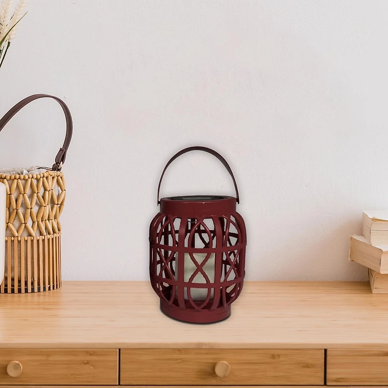 LED Solar Basket Weave Lantern With Faux Candle Red