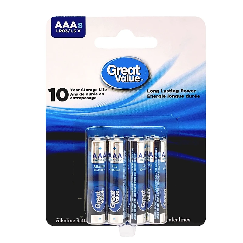 Piles alcalines AAA LRO3/1,5 V de Great Value Paquet de 8, durée de conservation de 10 ans Garantie de puissance longue durée
