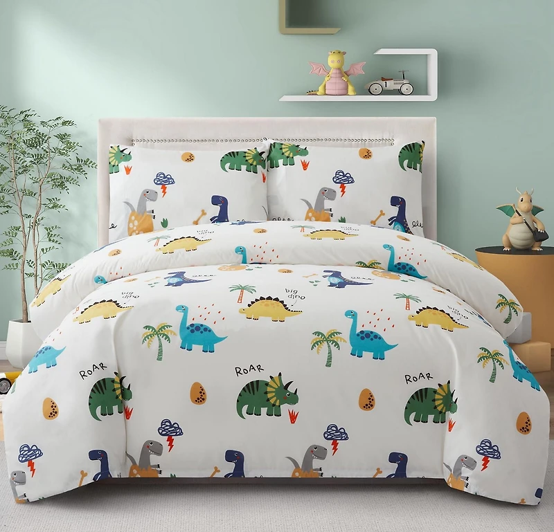 Marina Decoration Kids Boys Toddlers Cute Printed 600 Thread Count Soft Cotton Blend Percale Duvet Cover Set with Corner Tie and Zipper, Cartoon Dinosaur Zoo Dino Pattern